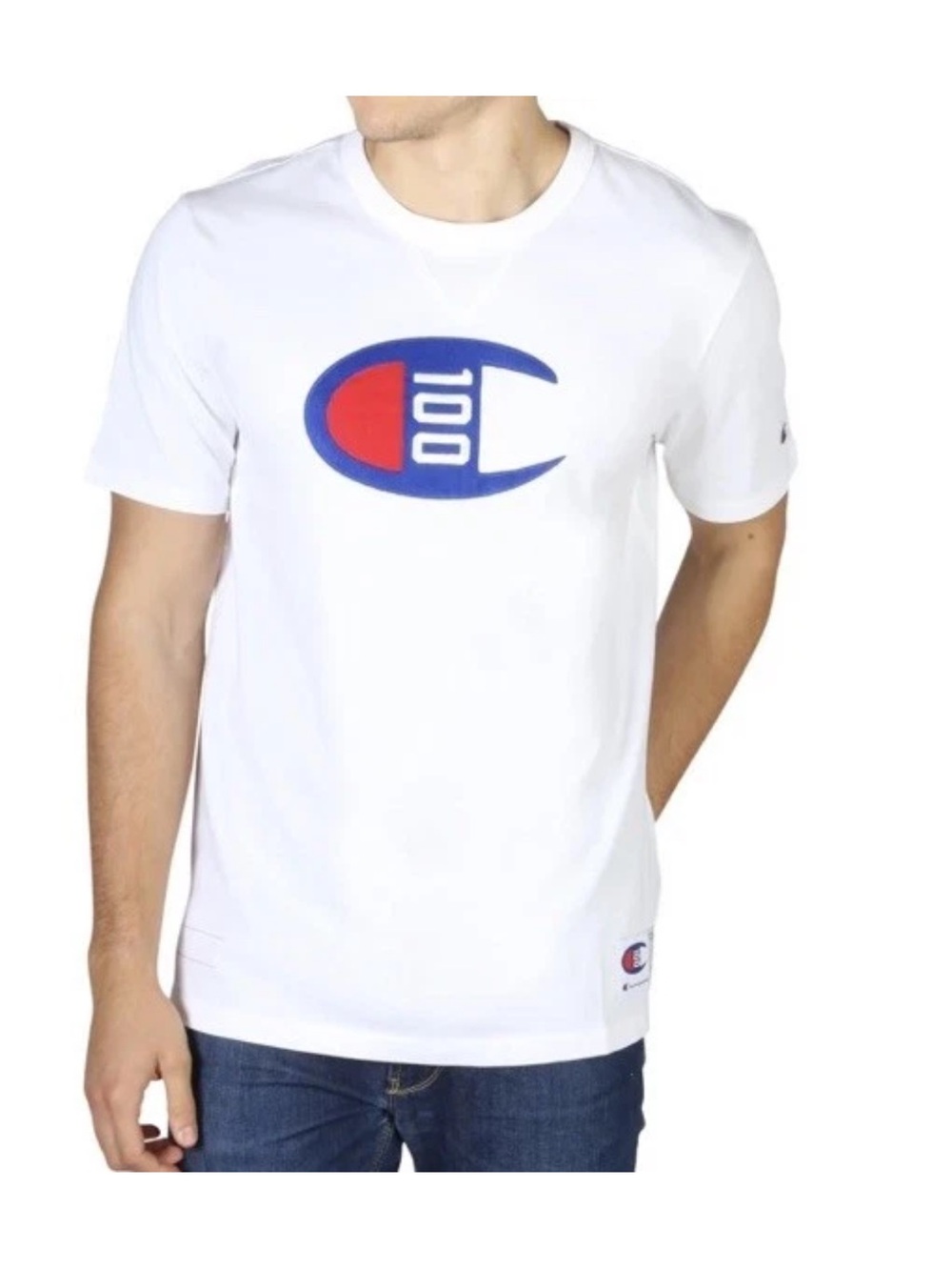 Champion 100 years patch White Short Sleeve Tee with Blue big C-100 Anniversary